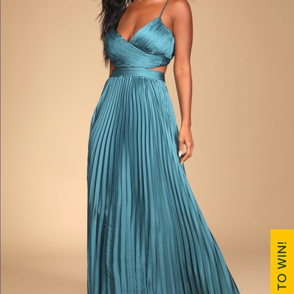 Lulus Got the Glam Teal Pleated Cutout Maxi Dress